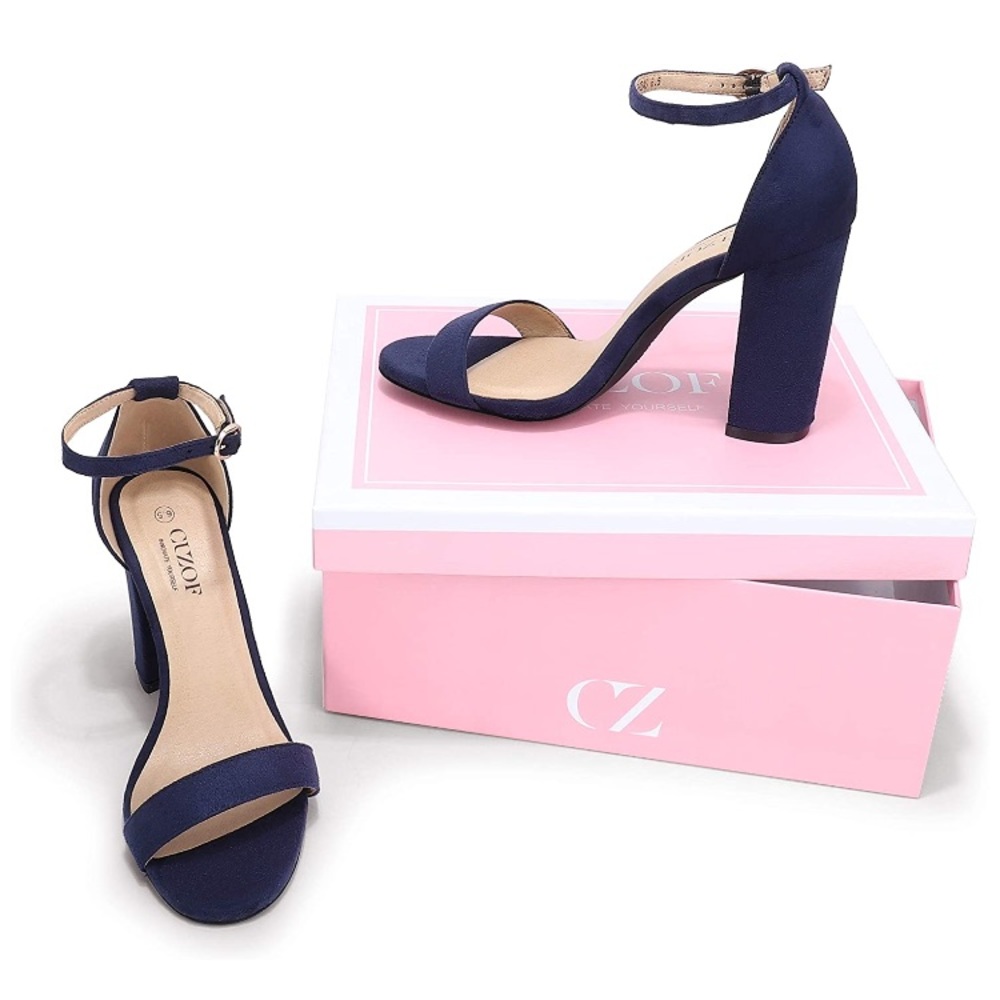 Navy Blue Nubuck Chunky Block High Heeled - Picture 3 of 5